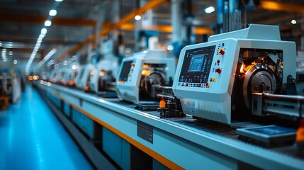 Row of machines on production floor at a factory for business and industrial concept background : Generative AI