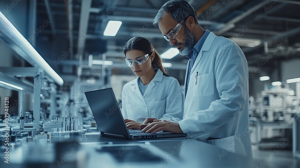 Fototapete Experienced Male and Female Engineers Standing on a Platform at a Modern Industrial Factory Using Laptop Computer and Discussing Production of Modern Electronics for Artificial Intelli : Generative AI