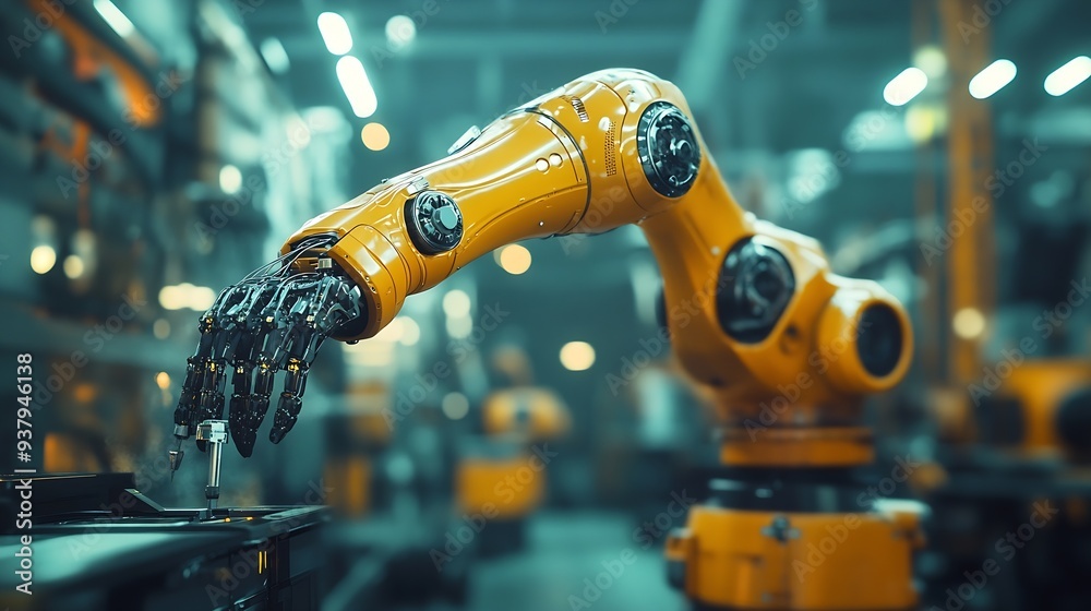 Poster MLP Mechanized industry robot arm and factory worker double exposure Concept of robotics technology for industrial revolution and automated manufacturing process : Generative AI