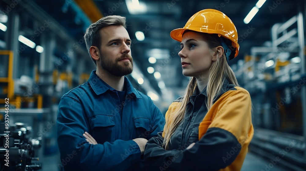 Fototapete handsome manager train female technician to work in automated production factory industrial engineer