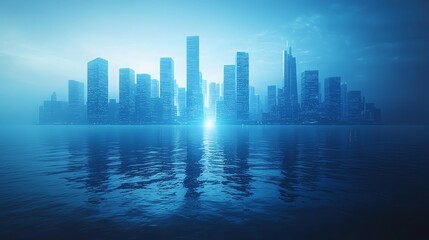 Fototapeta premium Dramatic skyline reflection in water, showcasing modern skyscrapers shrouded in fog, evoking a sense of mystery and tranquility.