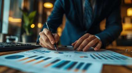Fototapeta premium Financial Analysis, A businessperson examines financial charts, analyzing data to make informed decisions for company growth and performance improvement