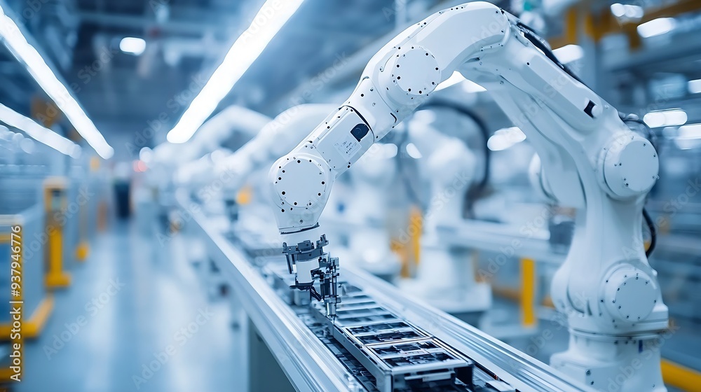 Aufkleber row of white robotic arms at automated production line at factory electric car manufacturing line in
