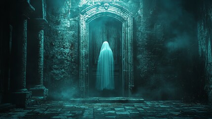 Eerie ghost figure in a misty, ancient doorway surrounded by stone walls, creating a haunting atmosphere.