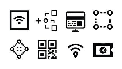 Set of 9 QR code web icons in line style, including scanning, coding, and wifi symbols.