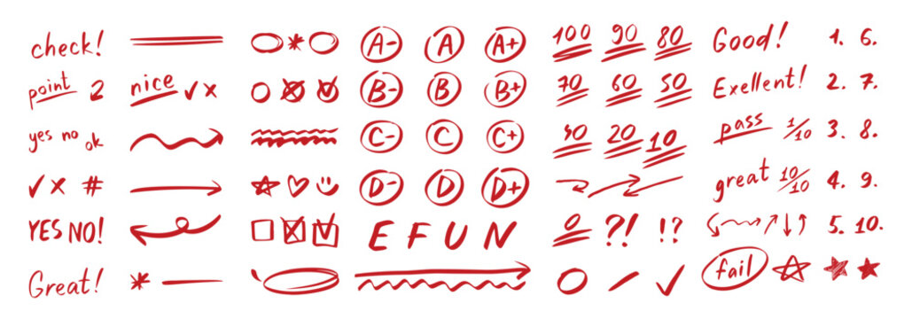 English test exam red pen mark. School teacher test. A B C D Doodle outline hand drawn style