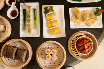 Top view of Chinese food serving in the restaurant