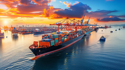 Naklejka premium Logistics, container Cargo ship transportation with working crane bridge in deep sea port for import export.