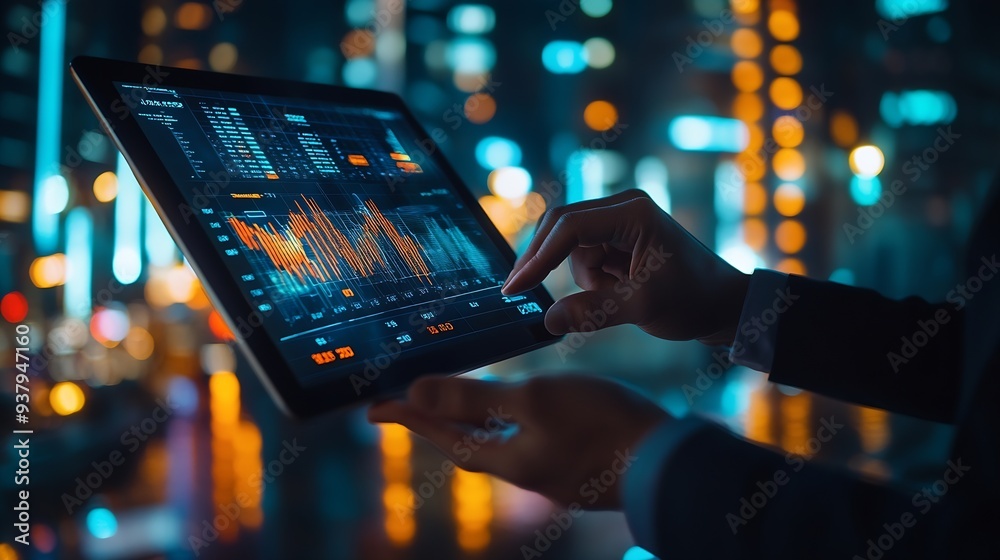 Aufkleber business finance and investment concept businessman using digital tablet analyzing and calculating f