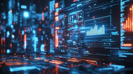 Obraz premium Futuristic data dashboard with glowing graphics showcasing statistics and information in vibrant colors.