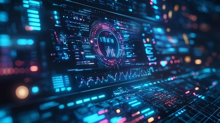 Fototapeta premium Futuristic digital interface featuring vibrant colors, graphs, and various data displays in a high-tech environment.