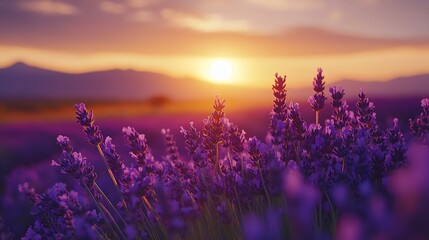 Naklejka premium Picturesque colorful floral atmosphere Beautiful panoramic view French blooming scenic at sunset Sunset violet lavender flower field in Provence France Valensole Summer nature amazing : Generative AI