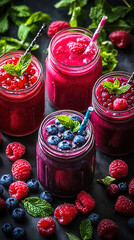 Healthy drink concept. Raspberries and blueberry smoothie in mason jars. Fruit smoothies with fresh fruits and berries. Copy space area