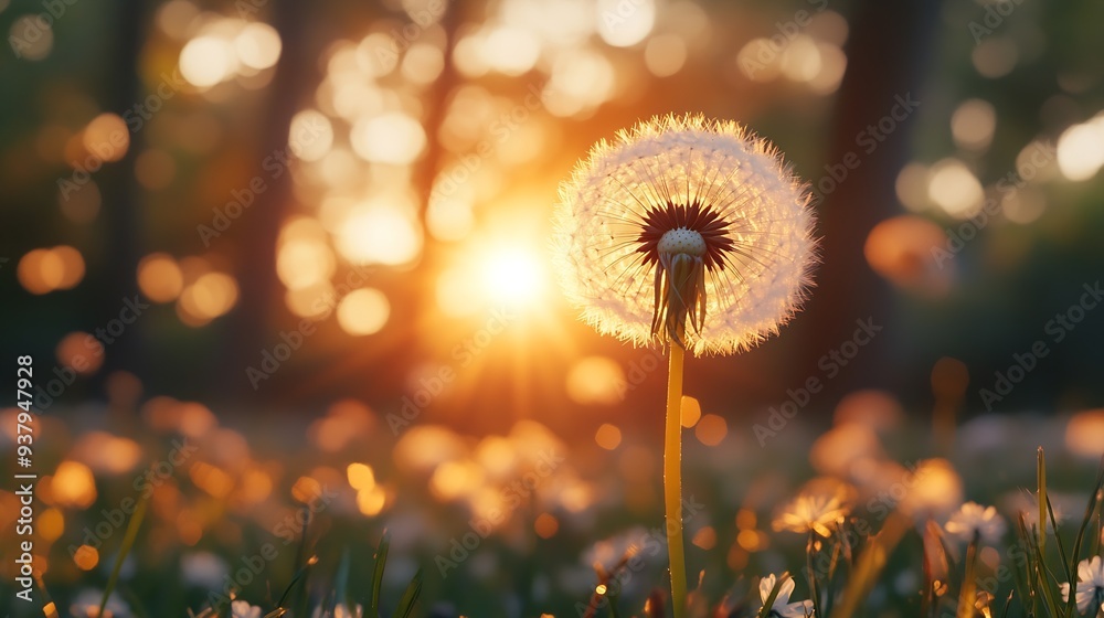 Fototapete White dandelion in a forest at sunset Macro image shallow depth of field Abstract summer nature background : Generative AI