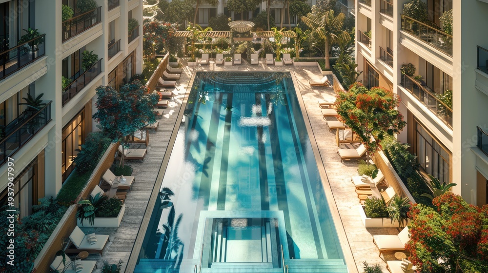 Aufkleber modern condominium with luxurious amenities like a swimming pool and gym. top down view. generative 
