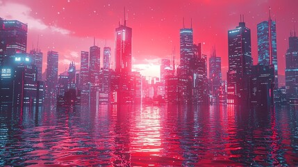 Obraz premium Stunning futuristic cityscape with vibrant red hues reflecting on calm waters, creating an immersive urban landscape.