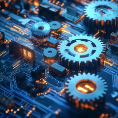 29. Abstract rendering of economic policy driving technological innovation, represented by gears turning digital circuits