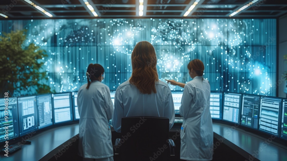 Poster A team of researchers using AI to study and predict environmental changes, with advanced simulations displayed on screens. Generative AI.