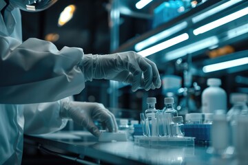 A person wearing a lab coat and latex gloves, suitable for medical or scientific settings