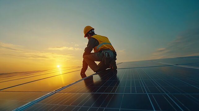 Professional Engineer Service Solar Panel Worker Maintenance Cleaning Replacing Solar Panel Solar photovoltaic panel system in Industry roof Saving Energy with Clean Power : Generative AI