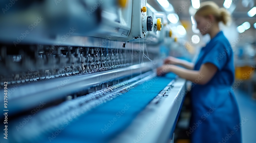 Poster textile factory worker standing by modern industrial sewing machine and checking thread connections 