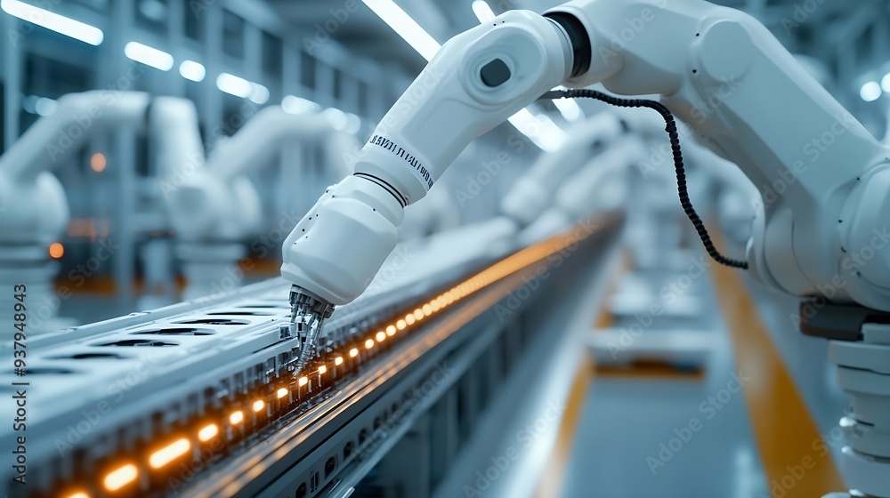 Aufkleber row of white robotic arms at automated production line at bright modern factory industrial robot arm