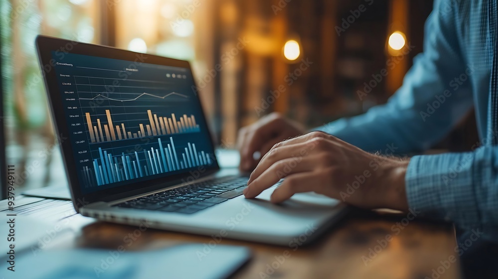 Aufkleber Businessman using laptop computer analyzing sales data and financial report business growth graph chart digital marketing planning and strategy financial report business finance and in : Generative AI