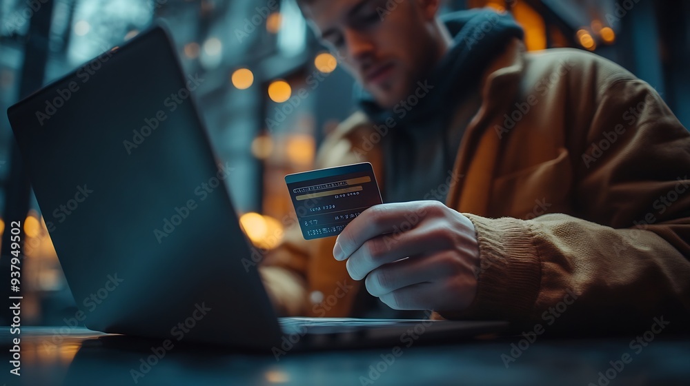 Poster a man is holding a credit card in front of a laptop concept of financial responsibility and the impo