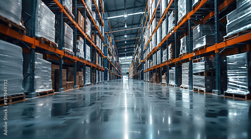 Poster modern clean warehouse, with thousands of different high tech products of a medium-sized company. ge