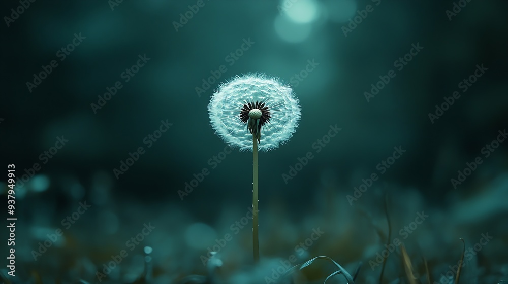 Poster White dandelion in a summer forest Macro image shallow depth of field Abstract summer nature background : Generative AI