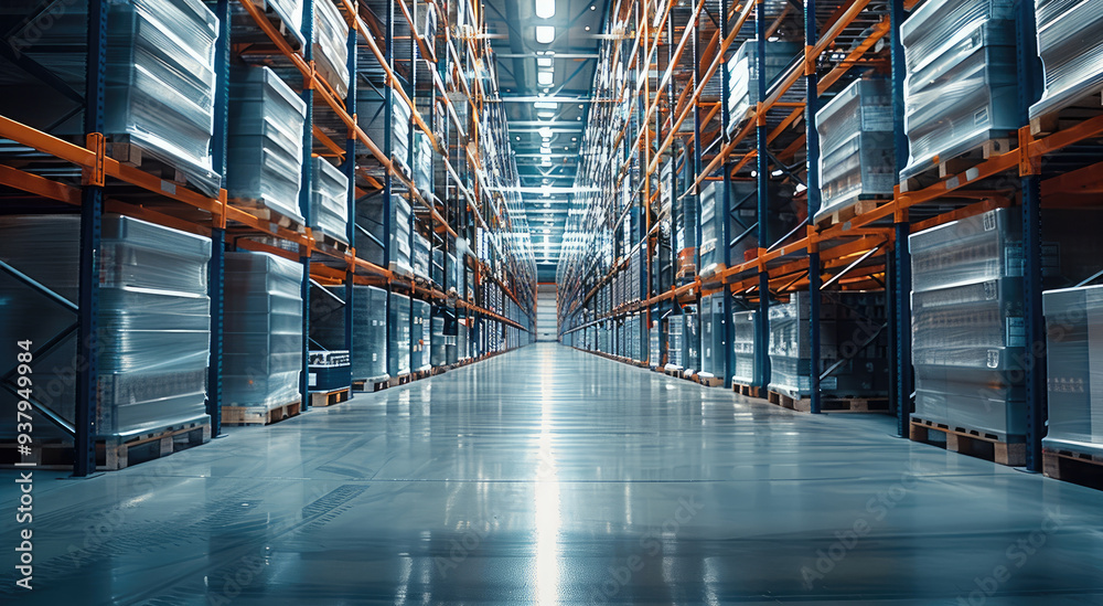 Poster Modern clean warehouse, with thousands of different high tech products of a medium-sized company. Generative AI.