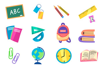 Set of school supplies stickers with back to school concept, educational stickers. Cute books, bag, ruler, board, paper, pencils. Vector cartoon stickers for print, cards, stationery.