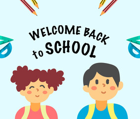 Welcome Back To School Background design with children and education accessories element. Kids hand drawn flat design for poster , wallpaper, website and cover template.