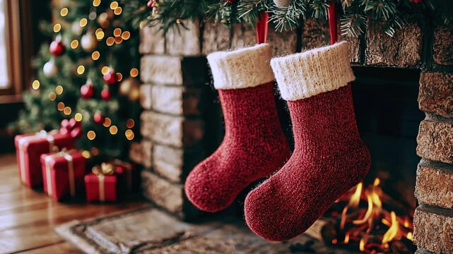A close-up of Christmas socks, in which gifts for children are hidden on Christmas Eve, against the background of a fireplace in which a fire is burning. Merry Christmas concept
