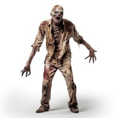 A zombie figure that is ideal for various horrorthemed projects. Halloween costume concept or horror movie character isolated on white background