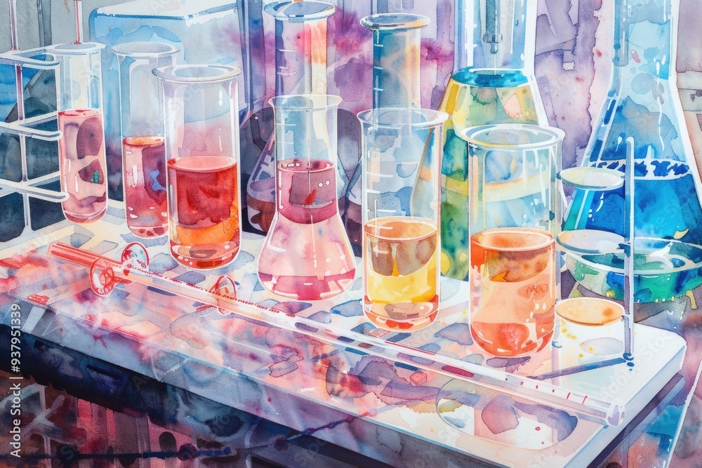 Poster a watercolor depiction of a science lab with various equipment and experiments
