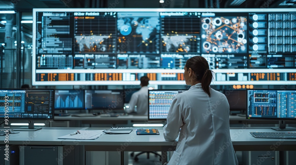 Aufkleber A Researcher working in huge laboratory where scientific tables and counters are hung with symbols of data, algorithms and research tools, In the background there are large computer screens.
