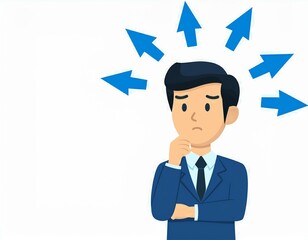 Vector illustration of a thinking asian cartoon businessman trying to make a decision with blue arrows isolated on white background