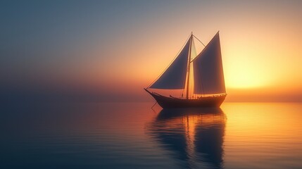 A wooden sailboat with white sails floats on the calm water of the ocean with a golden sunset in the background.