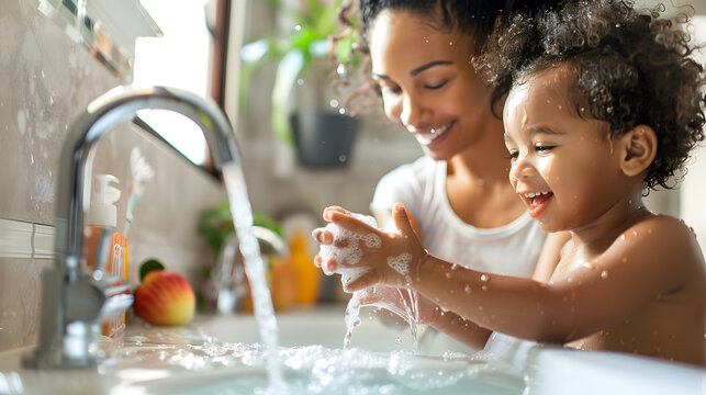 Mother teaching her young child proper handwashing techniques in the bathroom