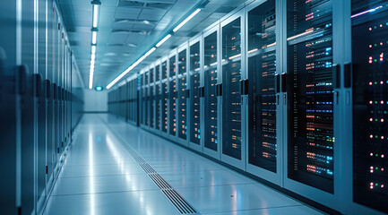 Obraz premium A state-of-the-art data center at dawn, with the first light of the day casting soft hues over the advanced computing equipment. Generative AI.