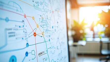 A whiteboard in an office with a flow chart drawn on it, showing a process.