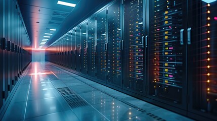 A state-of-the-art data center at dawn, with the first light of the day casting soft hues over the advanced computing equipment. Generative AI.