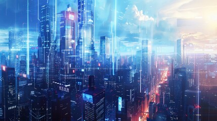 Obraz premium Futuristic cityscape with glowing lines of data and code, illuminated by a soft blue and orange sunset.
