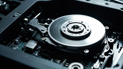 Close-up of a computer hard drive with its spinning platter and internal components.