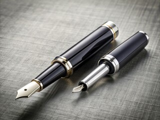 Elegant fountain pen lies on a light grey textured table, its refined nib and sleek design waiting to bring creative ideas to life.