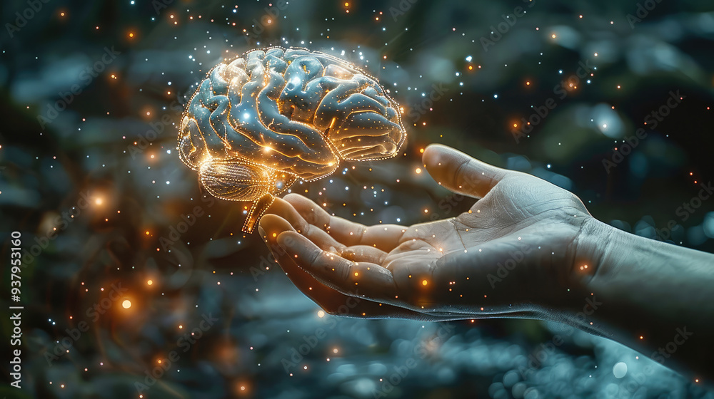 Aufkleber hand pointing at glowing digital brain. artificial intelligence and future concept. generative ai.