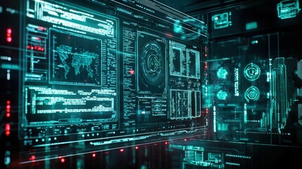 A cyber defense network visualized with AI-driven firewalls and real-time threat analysis displayed as 3D holograms, showcasing advanced cybersecurity technology.

