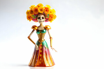 Flat Holographic Catrina with Glossy Marigold Crown concept as Wide shot of a holographic Catrina figure wearing a glossy marigold crown isolated on a white background offering a striking and colorful