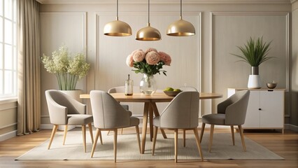 Elegant minimalist dining room features a beige table, stylish chairs, flowers in a vase, a lamp, and tasteful decorations, showcasing serene home decor style.